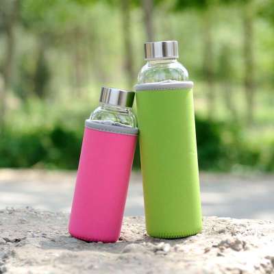 左茗右器 玻璃杯子透明带盖车载水瓶矿泉水密封便携水杯赠杯套 灰色