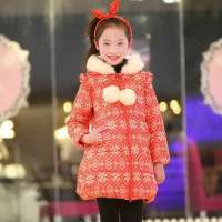 笛莎最新款冬天女童装女童棉衣印花中长款女童棉衣1219320红印