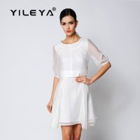 YILEYA2015纯色拼接网眼五分袖连衣裙D0344 白色 XL
