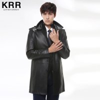 KRR KRRF003-1 男士黑色翻领中长款皮衣 黑色 X