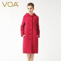 VOA 重磅真丝棉衣连帽女加厚宽松简约中长款丝绸棉服M6301 红叶情 XL