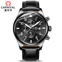 瑞士嘉年华Carnival手表男士全自动机械表 男多功能男表休闲时尚防水夜光真皮革带学生潮流腕表哑光喷砂格调8764-1 哑光黑全酷黑皮带