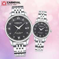 正品瑞士嘉年华carnival时尚情侣表全自动机械表 男女表水钻防水表 夜光手表 休闲时尚一对表8605情侣 精钢黑面一对