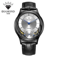 上海钻石(DIAMOND)手表男机械表时尚新潮大表盘双表盘石英机械精钢DM-5201真皮石英表男机械表男 黑壳白盘黑皮款