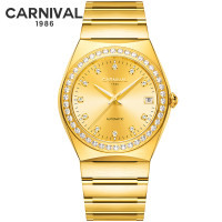嘉年华Carnival时尚水钻手表 男士全自动机械表 男表进口Miyota机芯复古金色表商务腕表轻奢8581G 钻款土豪金色