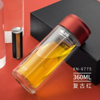 希诺玻璃杯过滤泡茶杯男女双层隔热防烫耐热水杯便携提环运动杯子 大红 325ml