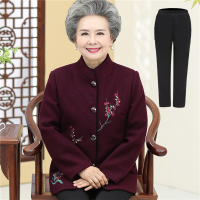 迪鲁奥（DILUAO)长袖立领秋装外套奶奶装女60岁70中老年人毛呢服装上衣老太太衣服_260 暗紫上衣+长裤 2XL建议105-115斤