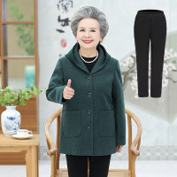 迪鲁奥（DILUAO)老年人女秋装羊毛呢子连帽外套奶奶上衣老人衣服太太长款舒适大衣_712 4XL建议130-140斤 绿色上衣+长裤