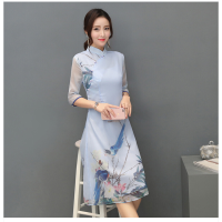 迪鲁奥（DILUAO)重磅真丝旗袍改良版连衣裙桑蚕丝高端中国风中长款气质优雅新式祺袍女_891 L 蓝色