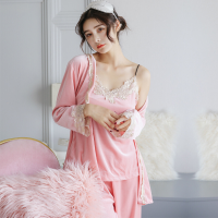 迪鲁奥（DILUAO)金丝绒睡衣女秋冬薄款宽松长袖家居服睡袍三件套珊瑚绒睡衣女春秋_977 M(适合80-100斤) 金丝绒312香槟粉(3件套)