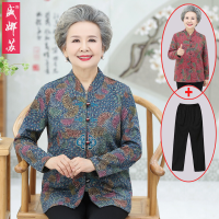 迪鲁奥（DILUAO)新款女装【品质保障】中老年人秋装女外套奶奶装春秋薄款衣服60岁70老人花色上衣老太太_36 4XL 蓝色(套装上衣+裤子)
