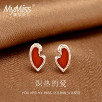 MyMiss925银饰镀玫瑰金天鹅耳钉女士人工合成玛瑙气质耳坠耳饰品送恋人生日礼物 炽热的爱 红色