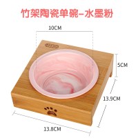 宠物喂食猫碗狗狗碗不锈钢狗盆双碗猫粮食盆食碗狗粮饭盆猫咪用品 通用型 竹架陶瓷单碗水墨粉