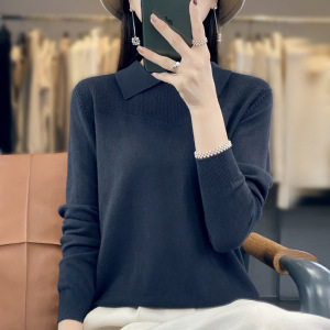 秋季新款翻领女装上衣丝光棉质针织衫女娃娃领长袖韩版打底衫