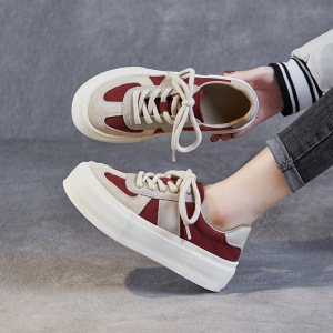 头层牛皮复古拼色系带单鞋女2024春季新款百搭德训鞋厚底小白鞋