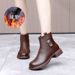 2023冬新款切尔西靴真皮圆头低跟软底加绒英伦风大码短靴