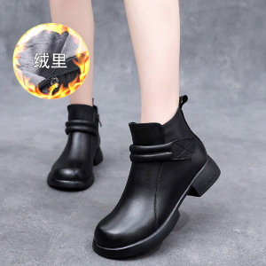 2023秋冬新款真皮圆头大码低跟侧拉链魔术贴切尔西靴女英伦风短靴