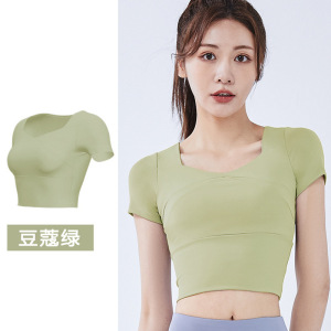 拼接速干瑜伽服带胸垫瑜伽短袖裸感修身显瘦运动健身上衣