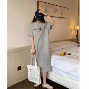韩国大码女装夏季休闲短袖T恤裙中长款开叉过膝连衣裙女宽松上衣
