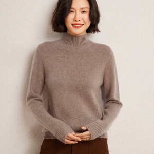 七针加厚半高领侧边麻花羊绒针织衫女纯色套头打底宽松休闲毛衣