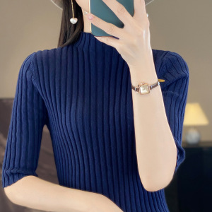 半高领薄款打底衫女春秋季棉修身短款中袖T恤女针织衫上衣