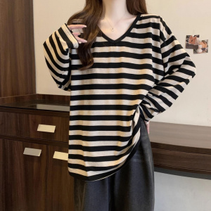 条纹v领T恤女春秋季新款设计感小个子显瘦宽松慵懒风长袖上衣