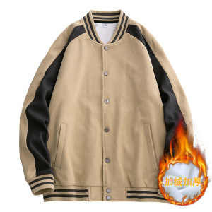 秋冬加绒棒球服男韩版潮流潮立领夹克开衫排扣纯色外套定 制