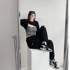 春夏薄款高腰美式字母宽松运动裤女休闲束脚裤卫裤女装