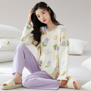 全棉带胸垫睡衣女士秋冬季纯棉长袖套头卡通可爱家居服套装可外穿