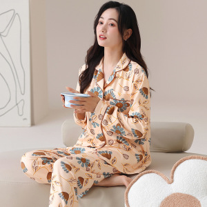 春秋季新款长袖开衫家居服棉质睡衣女款休闲宽松翻领两件套可外穿