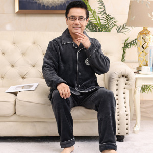 睡衣男士秋冬季加绒加厚珊瑚绒中老年人爸爸法兰绒保暖家居服套装