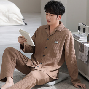 睡衣男秋冬季棉质长袖长裤华夫格开衫韩版卡通宽松大码家居服套装
