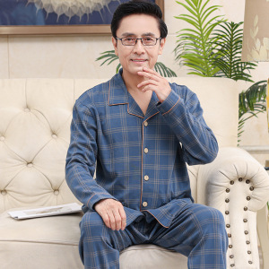 秋冬季睡衣男士长袖棉质中老年人家居服开衫翻领休闲宽松大码套装