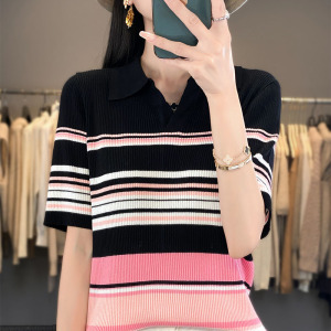 撞色条纹针织衫短袖T恤冰丝夏季年新款上衣polo领体恤小香风