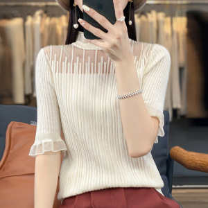 法式羊毛短袖女薄款夏季圆领T恤宽松镂空精纺针织衫半袖上衣