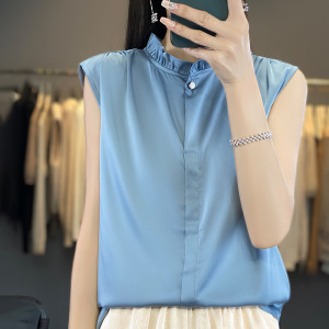 无袖衬衫背心女丝滑缎面叠穿衬衣夏季新款上衣木耳花边T恤夏
