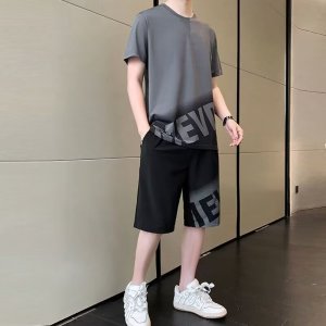夏季新款套装青少年男渐变拼色字母圆领短休闲运动两件套