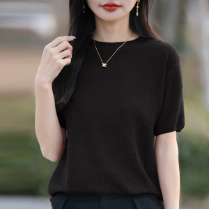春夏新款精纺羊毛半高领女针织衫短袖蕾丝镂空高级感五分袖打底衫