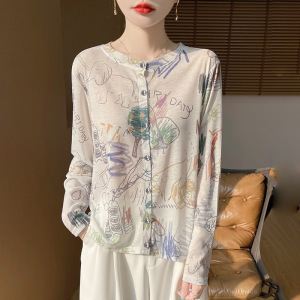 丝光25春夏季女短款圆领宽松拼色晕染薄上衣印花针织防晒开衫