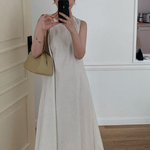 女装新款chic镂空露背简约气质中长款圆领背心无袖连衣裙