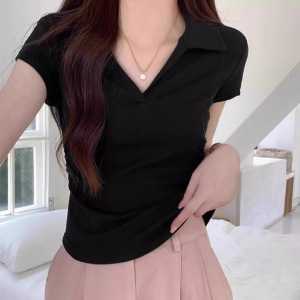 含棉纯欲风短袖T恤女夏季新款辣妹修身设计感短款正肩polo领上衣