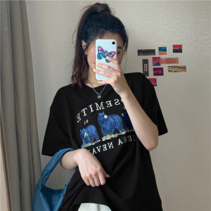 夏季韩版短袖T恤女中长款打底衫女卡通学生宽松上衣女装