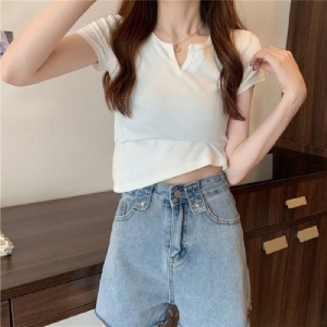 小V领短款设计感修身上衣女夏季露脐纯色短袖T恤女性感女装潮
