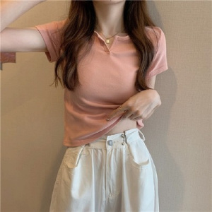 小V领短款设计感修身上衣女夏季露脐纯色短袖T恤女性感女装潮