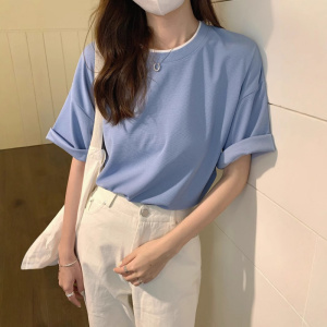 设计感华夫格短袖T恤女夏季新款宽松百搭圆领撞色假两件半袖上衣
