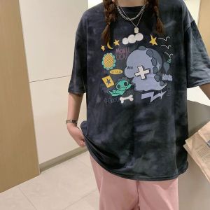 韩版扎染卡通短袖女夏季新款日系风休闲宽松百搭印花T恤上衣