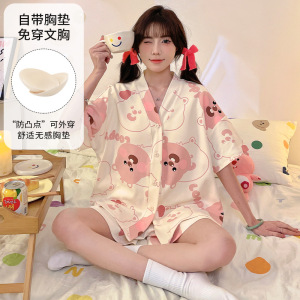 带胸垫夏季女仿棉开衫短袖宽松加大码翻领韩版卡通休闲家居服套装