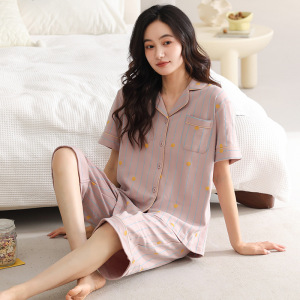 春夏季棉质新款短袖睡衣女卡通休闲七分裤家居服套装加大码可外穿
