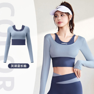 新款修身运动健身服防震拼色假两件免穿文胸瑜伽服