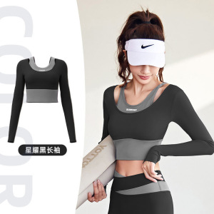 新款修身运动健身服防震拼色假两件免穿文胸瑜伽服